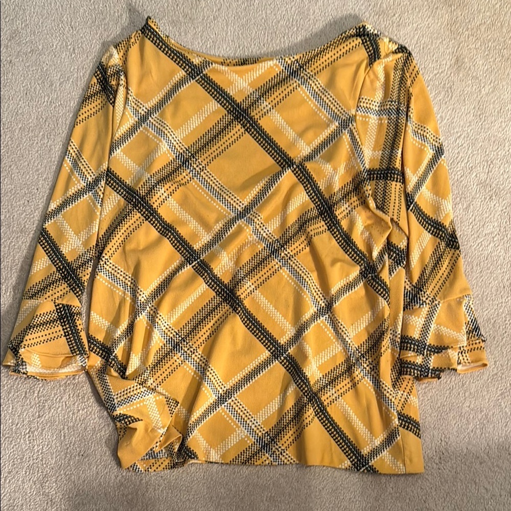 Charter Club Yellow and Black Asymmetrical Bell Sleeve Blouse